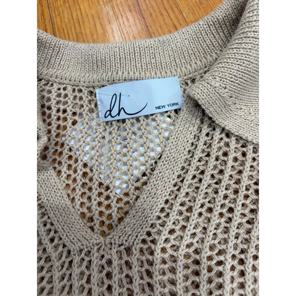 dh New York Open Knit Polo Collar Cora  Sweater Straw Tan Beige Cap Sleeve S/M